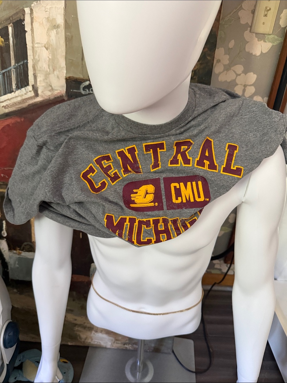 Delta Gray Central Michigan Graphic Short Sleeve Tee with Maroon and Gold Print